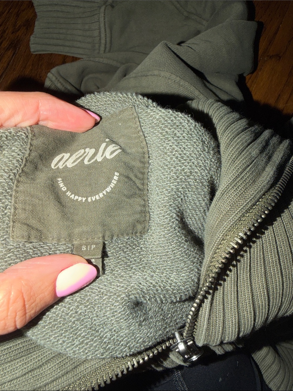 Women’s Olive Quarter-Zip Ribbed Funnel Neck Sweatshirt aerie - Picture 4 of 4